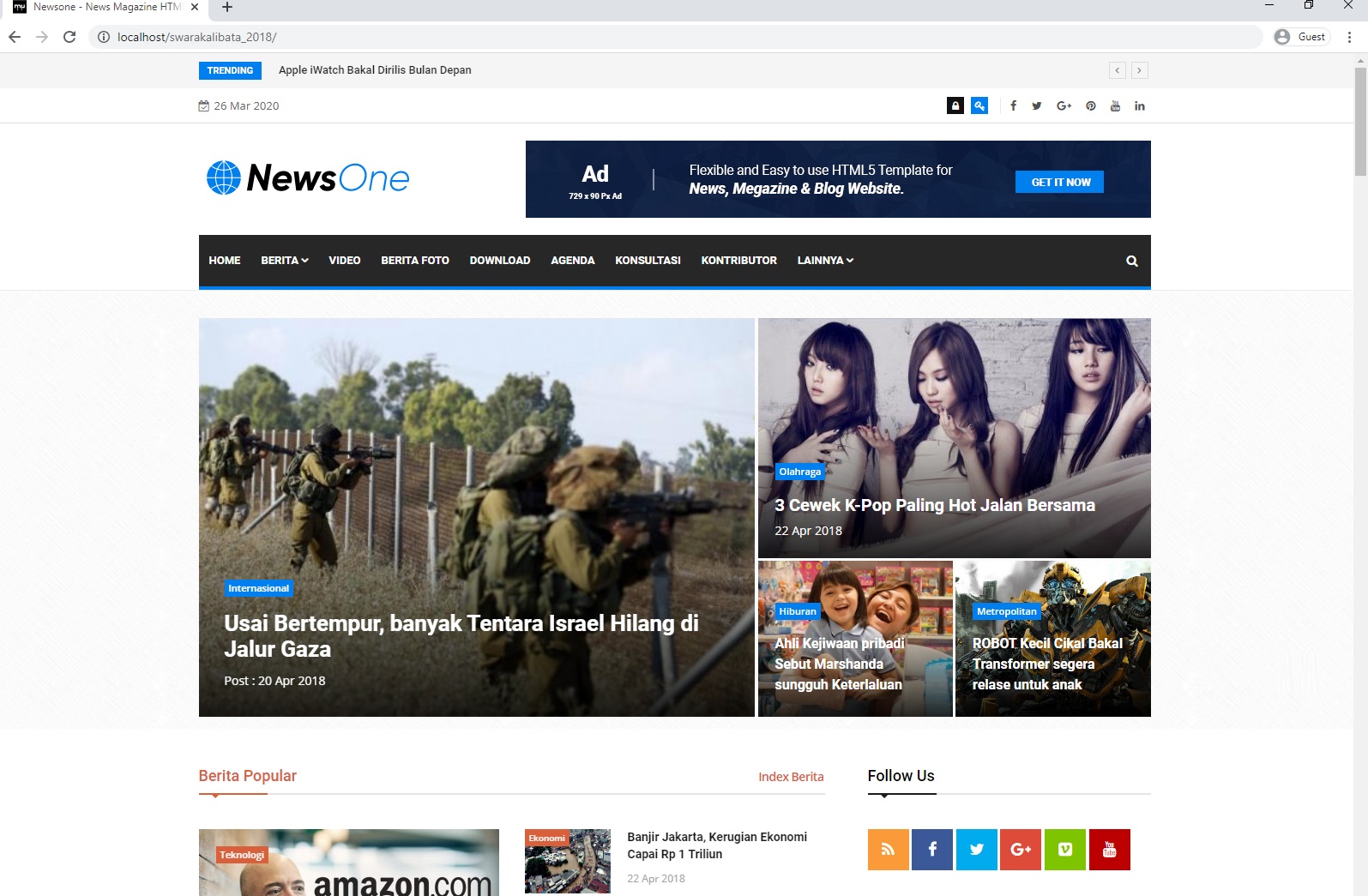 Template CMS Swarakalibata CodeIgniter - NewsOne (News Magazine Template)